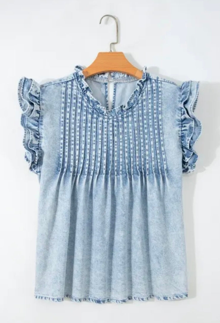 Beau Blue Ruffle Pleated Detail Vintage Washed Denim Top